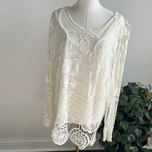 Vtg‎ Ivory Coquette Floral Embroidered Sheer Lace Layered Top Coastal Cowgirl 2X